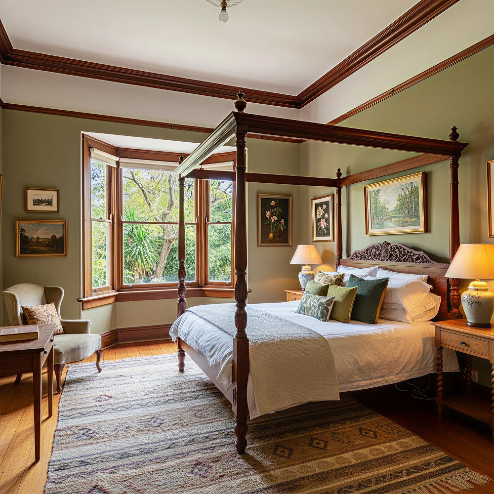 Federation style bedroom with a four-poster bed, decorative paintings, a cozy armchair, and large bay windows showcasing greenery outside.