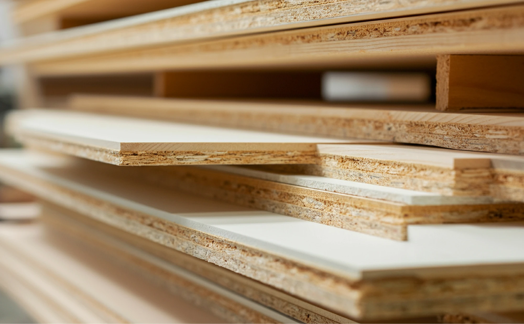 Stacked sheets of wood and laminated particleboard, showcasing various textures and layers.