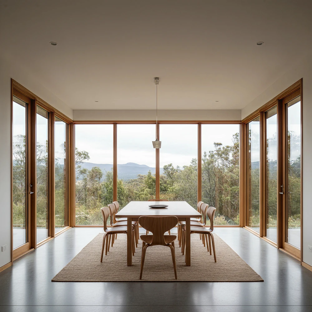 Minimalist dining room with wooden table and six matching chairs on a beige rug, surrounded by large floor-to-ceiling windows overlooking trees and distant mountains.