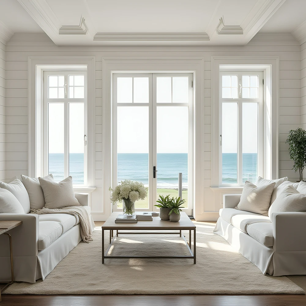 Bright living room with two white sofas, a coffee table with plants and flowers, and large windows overlooking the ocean.