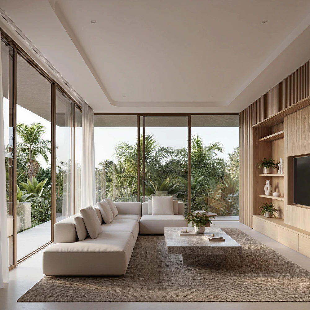 Modern lounge with beige sectional sofa, large stone coffee table, floor-to-ceiling windows, and wooden entertainment wall with shelves and plants.