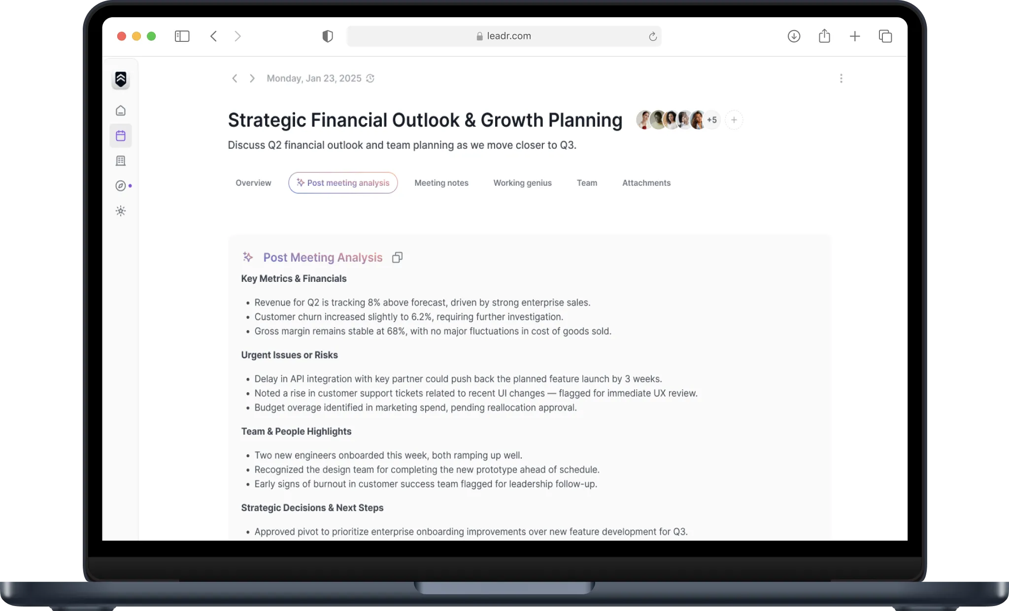Screenshot of Leadr interface showing Strategic Financial Outlook & Growth Planning for Q2, with post-meeting analysis on key metrics (revenue up 8%, gross margin stable at 68%), urgent issues (API delay, budget increase), team highlights (new engineers, design team recognition), and strategic decisions (pivot to enterprise onboarding).