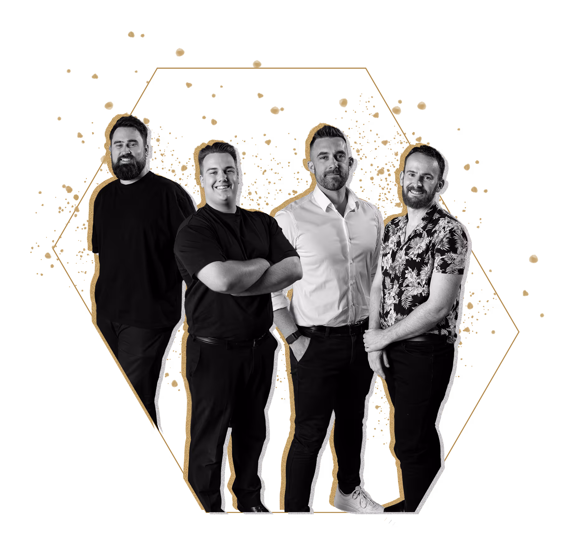 Attention Media team member smiling and giving a thumbs up, wearing glasses and a black branded shirt on a white and gold abstract background