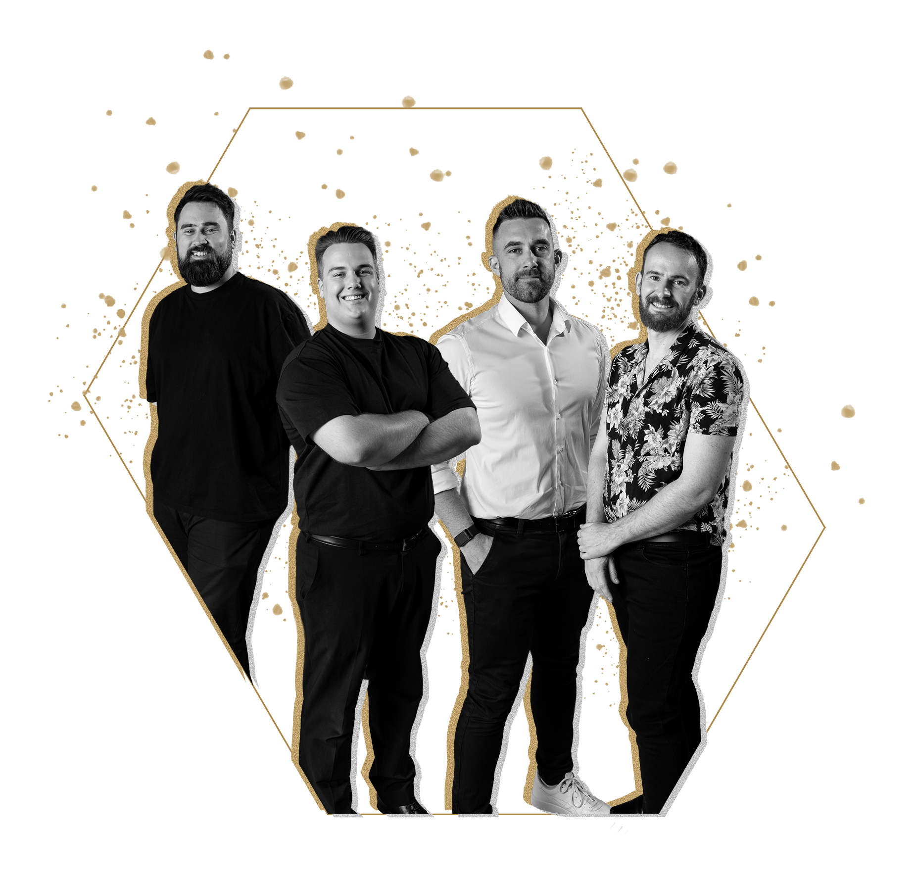 Attention Media team member smiling and giving a thumbs up, wearing glasses and a black branded shirt on a white and gold abstract background