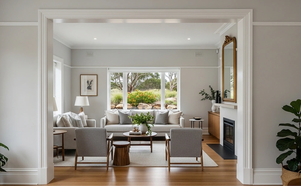 Modern Australian living room with Colonial/Early Victorian detailing, featuring white architraves around a wide doorway, straight-lined skirting boards, and classic cornices.