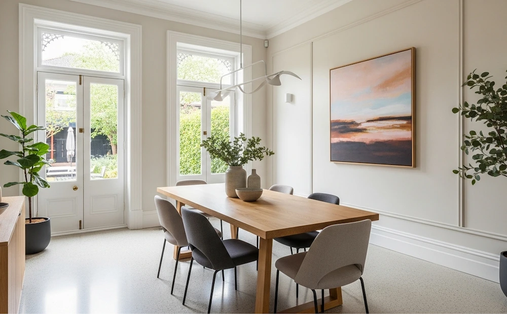 Modern Australian dining room with Victorian grand residence mouldings, featuring wide skirtings, tall architraves, and panelled walls alongside contemporary furnishings.