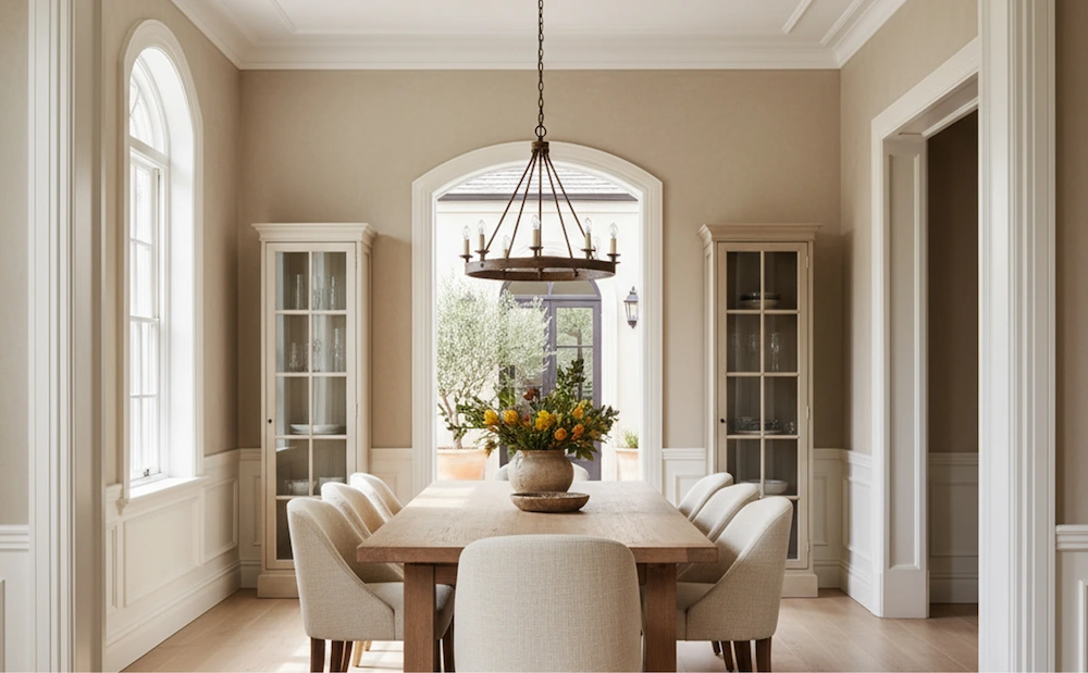 Modern Australian dining room with Georgian inspired mouldings, featuring solid architraves, wide skirting, and a warm, symmetrical interior.