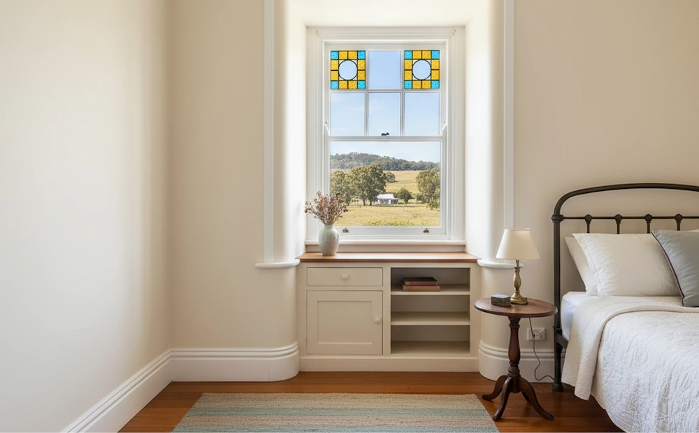 Between the Wars bedroom with rounded architraves, plain skirtings, and a leadlight casement window.