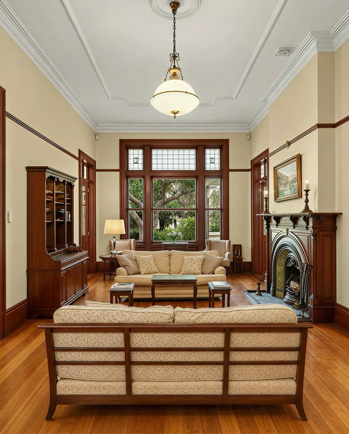Between the Wars loungeroom with dark wooden architraves and skirting, polished timber floors, and plaster walls.