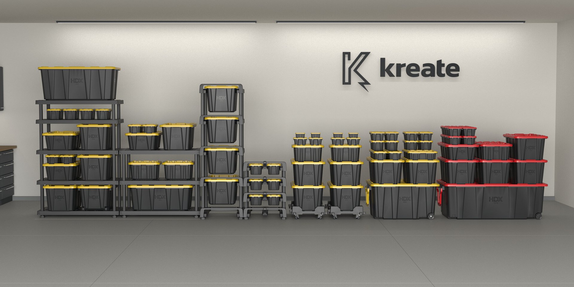 HDX storage lineup from Kreate, including Tough Totes, shelving and tote stackers