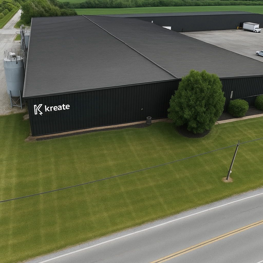 Aerial view of a Kreate-branded manufacturing building