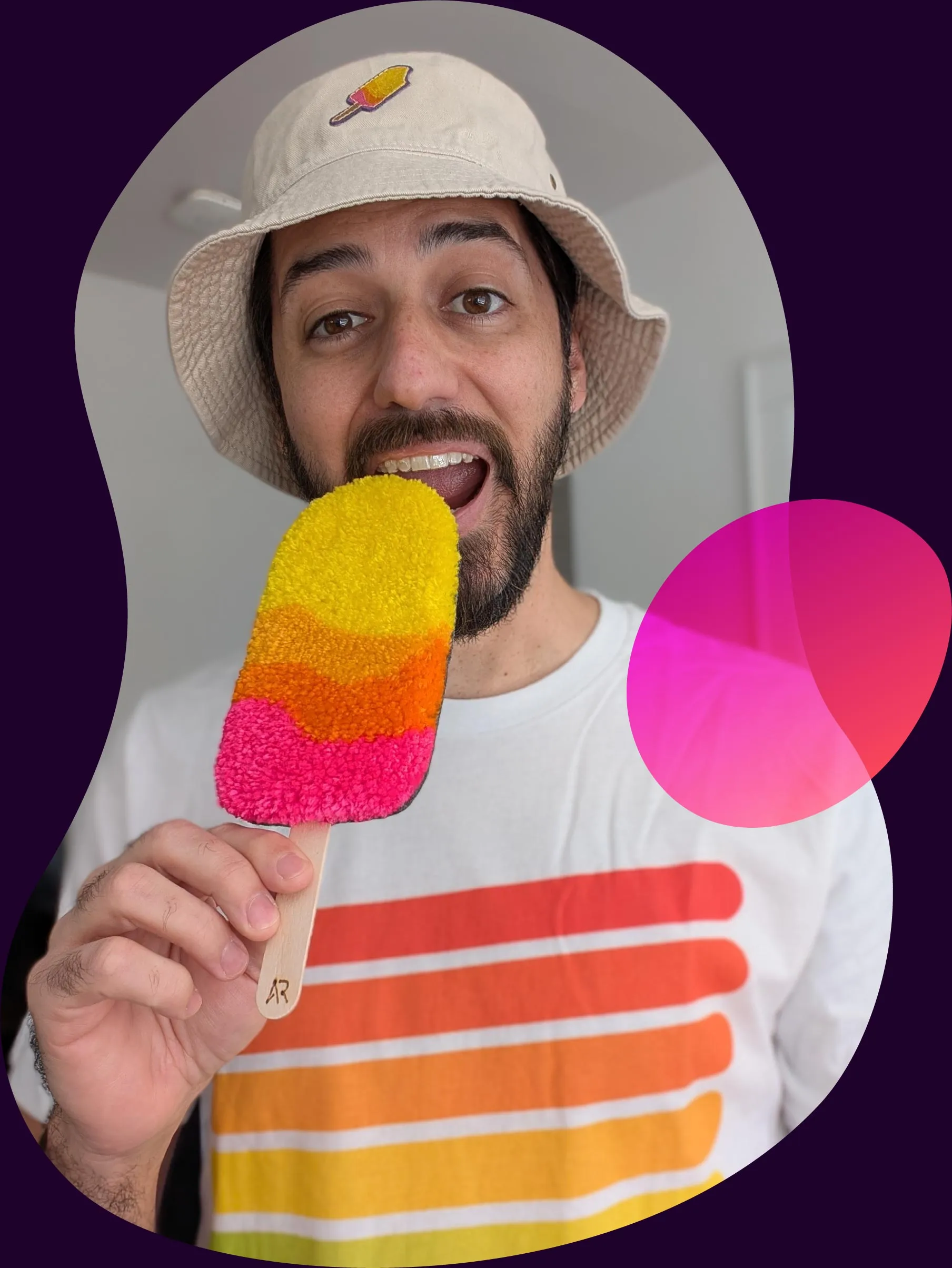 Adam Raiola pretending to eat his art piece titled, "Rug Pop"