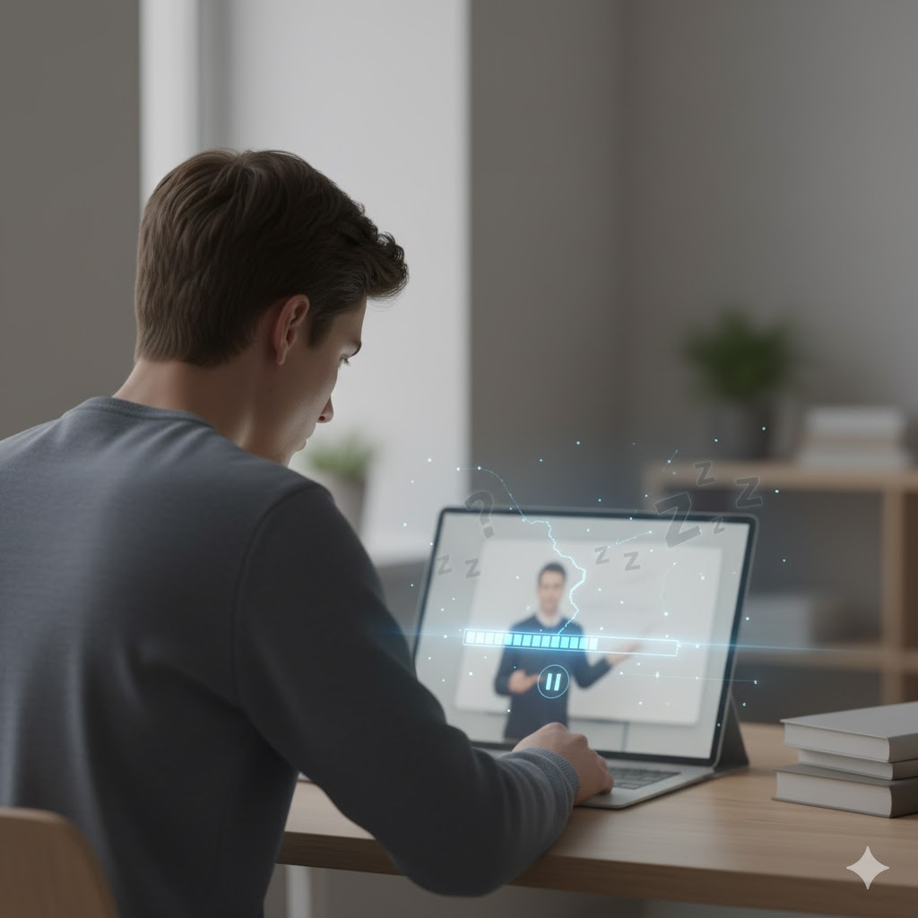 Student disengaged with passive lecture video, showing boredom and difficulty.