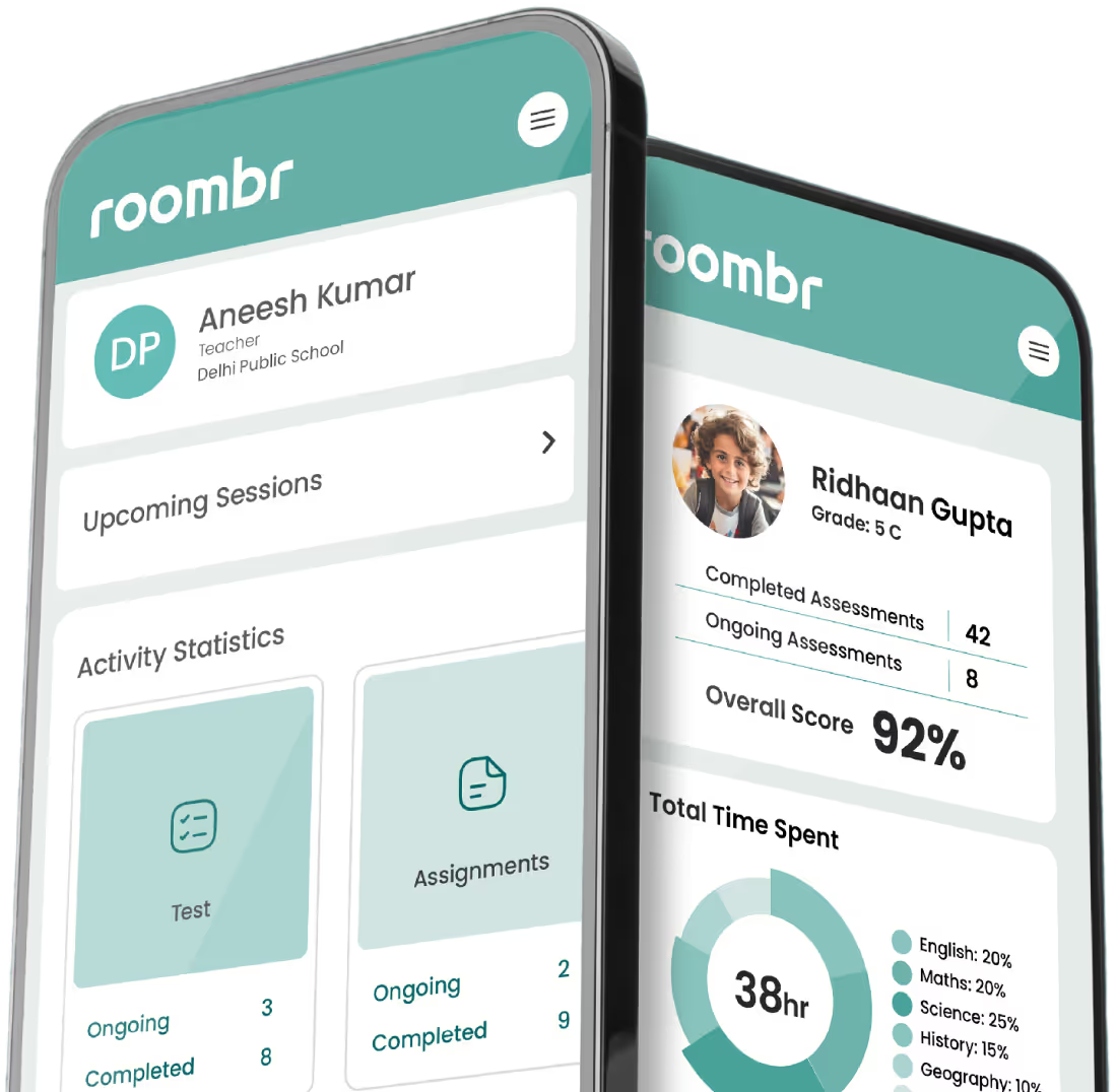 Roombr Digital classroom app showing student assignments and assessments. 