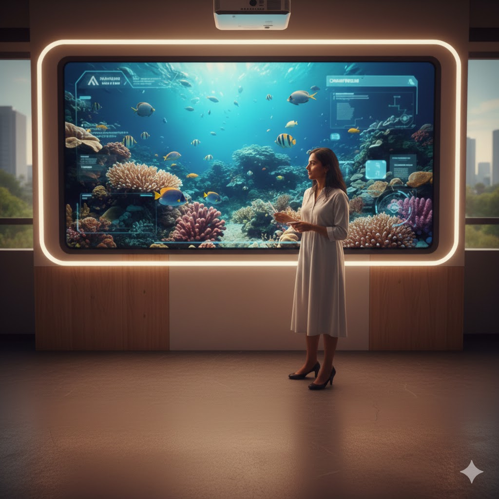 Immersive virtual field trip to coral reef on interactive classroom display in a digital classroom 