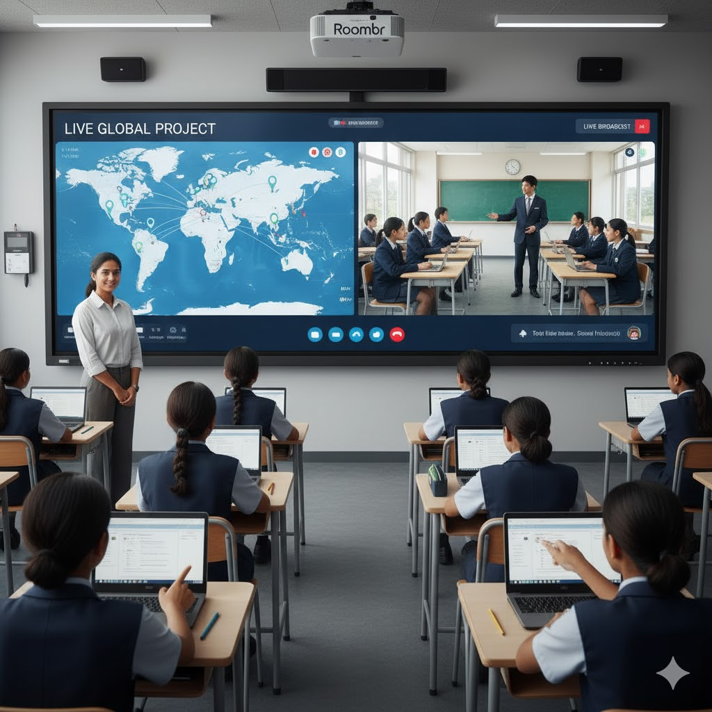 A teacher conducting live global project in a smart class using interactive board 