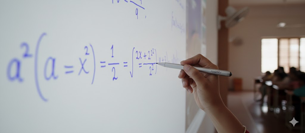 Teacher writing math equations on the Roombr interactive display using an IR pen