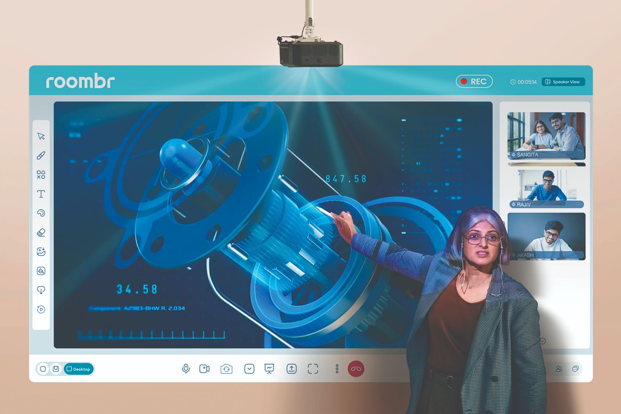 Roombr digital classroom screen showing recording indicator while teacher conducts a lesson