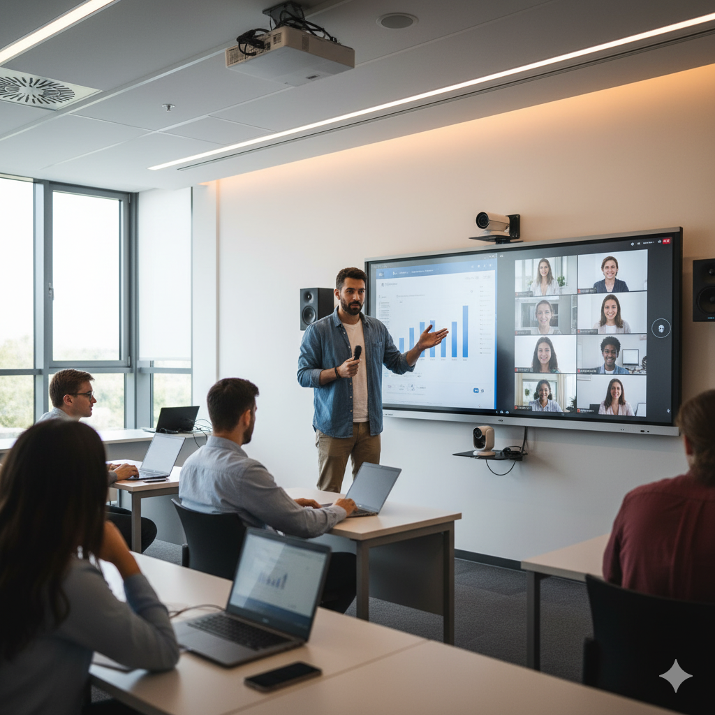 Smart classroom setup with a teacher using a large interactive flat panel to engage both in-person and remote students.