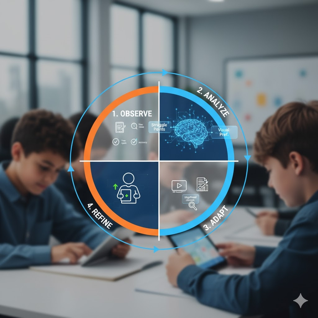AI learning loop in a digital classroom showing observe, analyze, adapt, refine stages