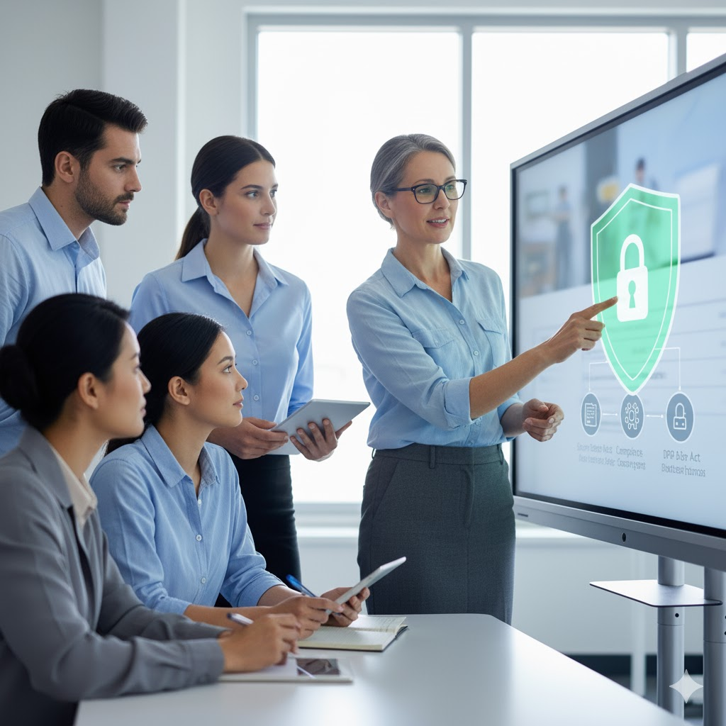 educators discuss data privacy training on a smart board in a digital classroom.