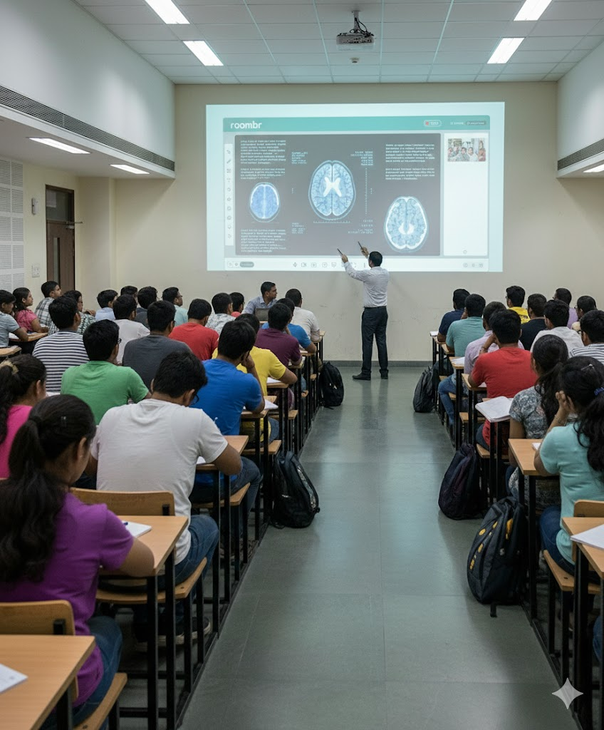  A tutor is teaching using a large interactive display in a digital classroom of a coaching center.  