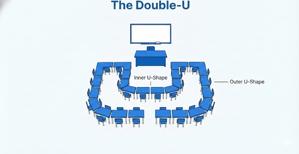 double-u shape seating layout in a digital classroom shown as an infographic.