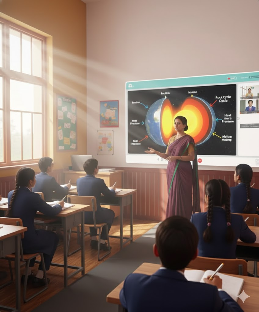 Indian teacher using a 3D digital classroom image to explain Earth's internal layers.