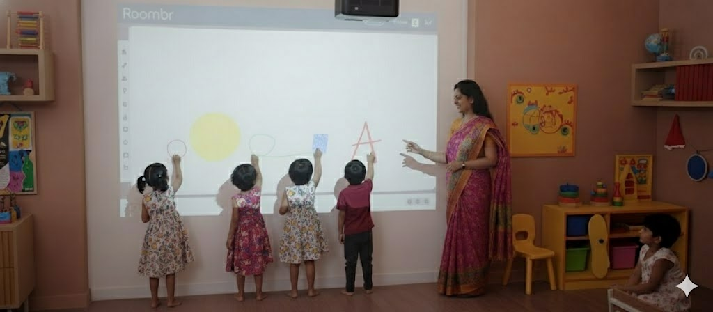 Preschool kids drawing shapes and letters on an interactive smart class wall with teacher guidance.