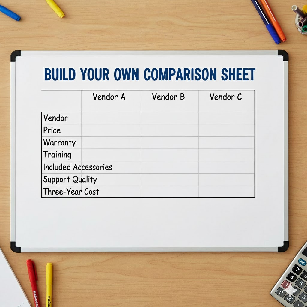A whiteboard showing a vendor comparison sheet with categories like Price, Warranty, and Support.