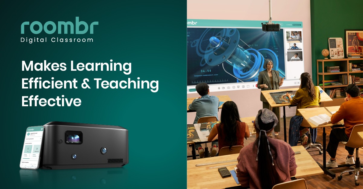 Roombr hardware and app picture on one side and Roombr digital classroom in action inside a classroom.