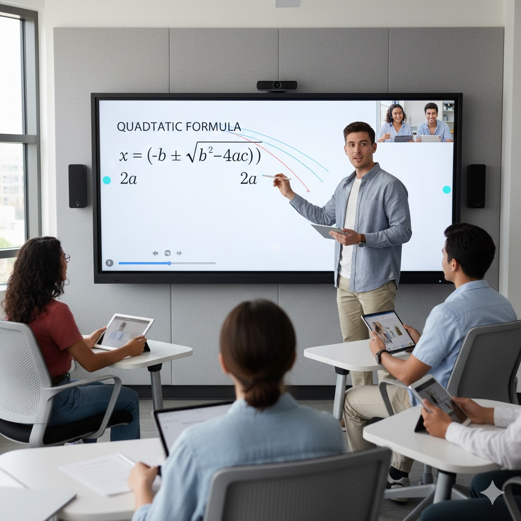 Teacher in a smart classroom uses an interactive display to teach students in the classroom and online. 