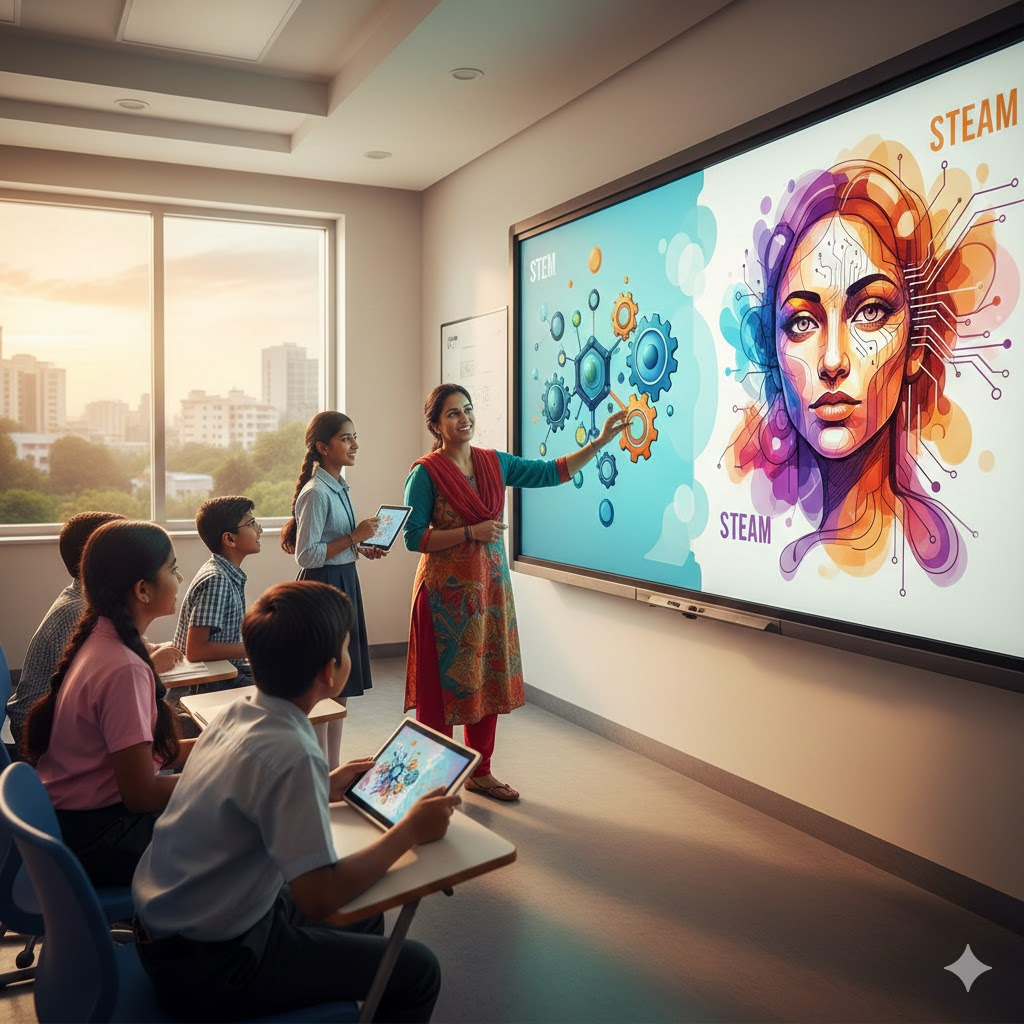 Indian teacher and students using interactive display in a modern digital classroom.