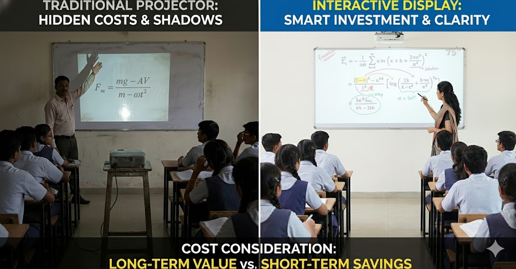 Digital classroom picture comparing projector vs interactive display clarity.