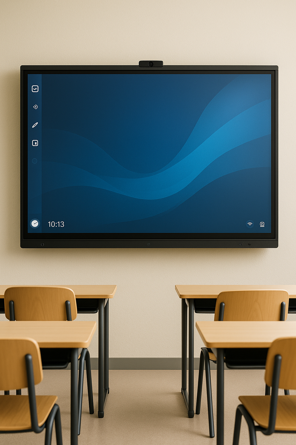 a smart board inside a classroom with desks and chairs