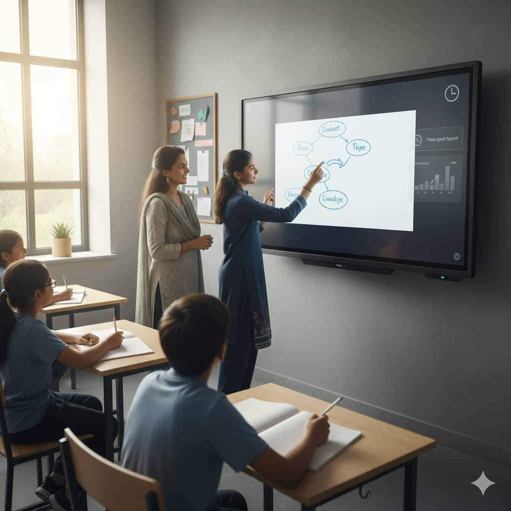 Teacher and student collaborating on an interactive smart board in a modern digital classroom setup, demonstrating real-time learning and data capture.