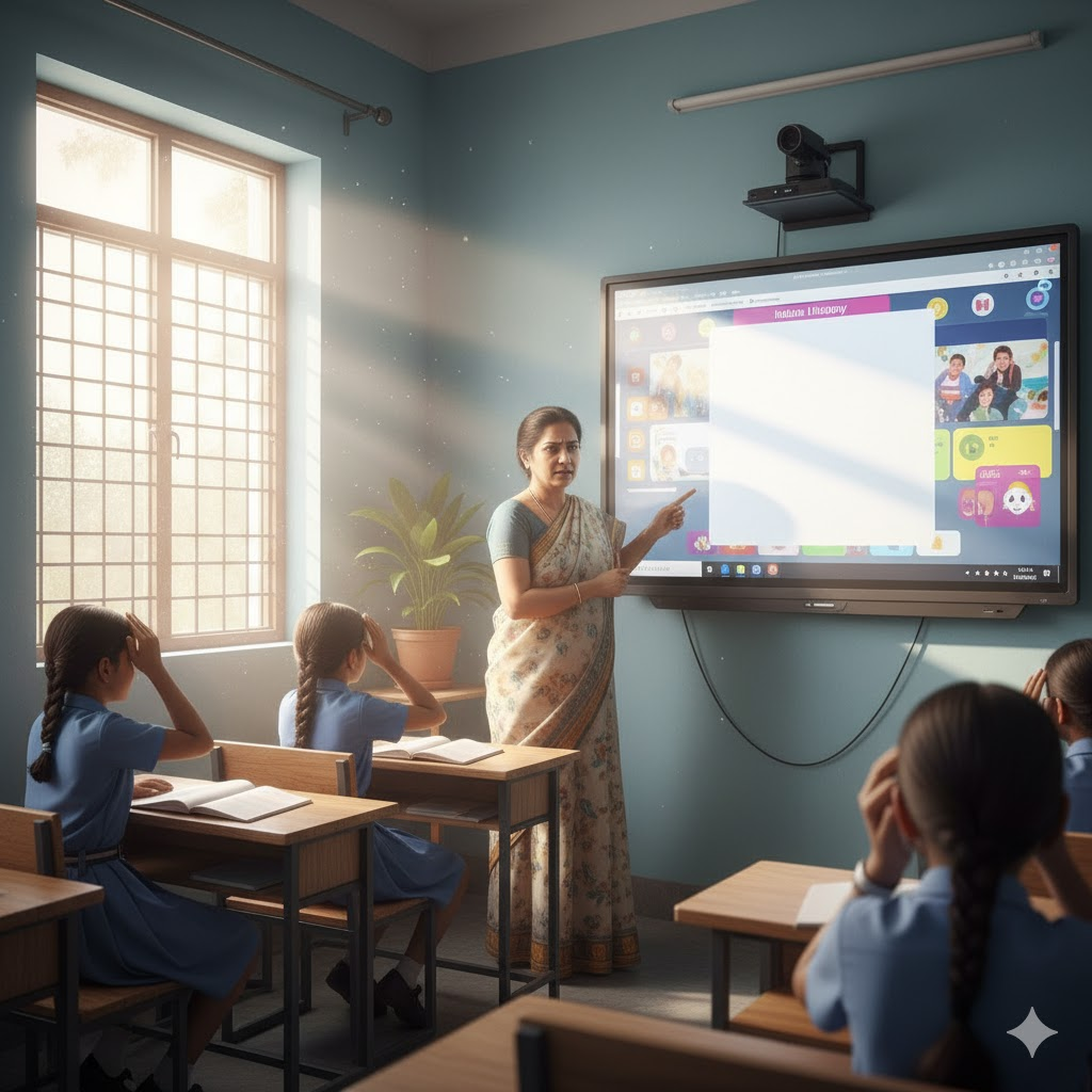 a digital classroom image showing an interactive flat panel display