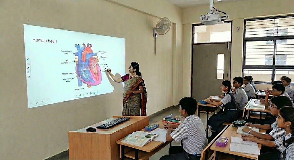 Teacher using smart interactive display in a digital classroom to teach students