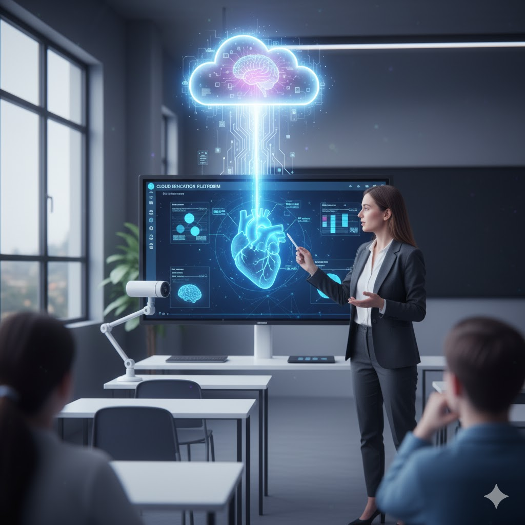 Teacher in a digital classroom using smart classroom equipment with cloud integration.