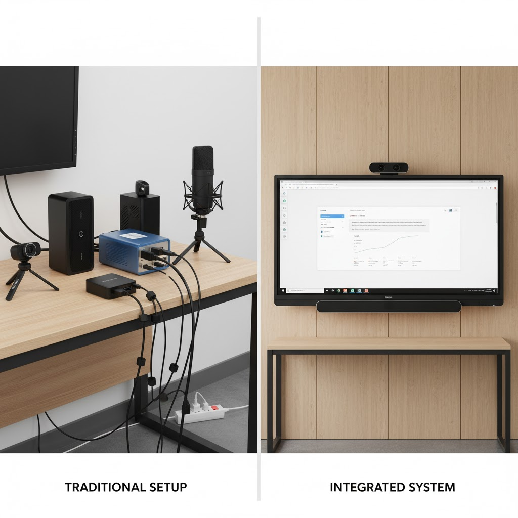 Comparing complex traditional educational equipment to simple integrated systems for a digital classroom setup