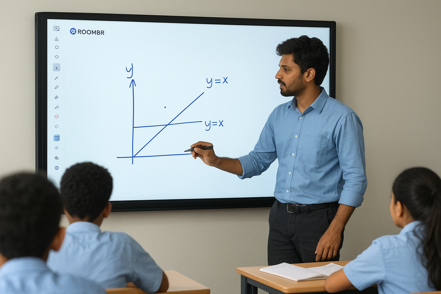 Teacher teaching using interactive smart board in classroom