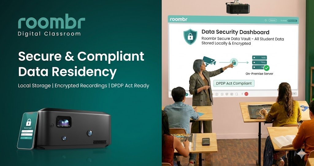 Roombr interactive board showing DPDP compliant data security dashboard in a digital classroom.