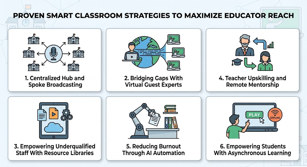 Six smart classroom strategies explained as an infographic to maximize educator reach.