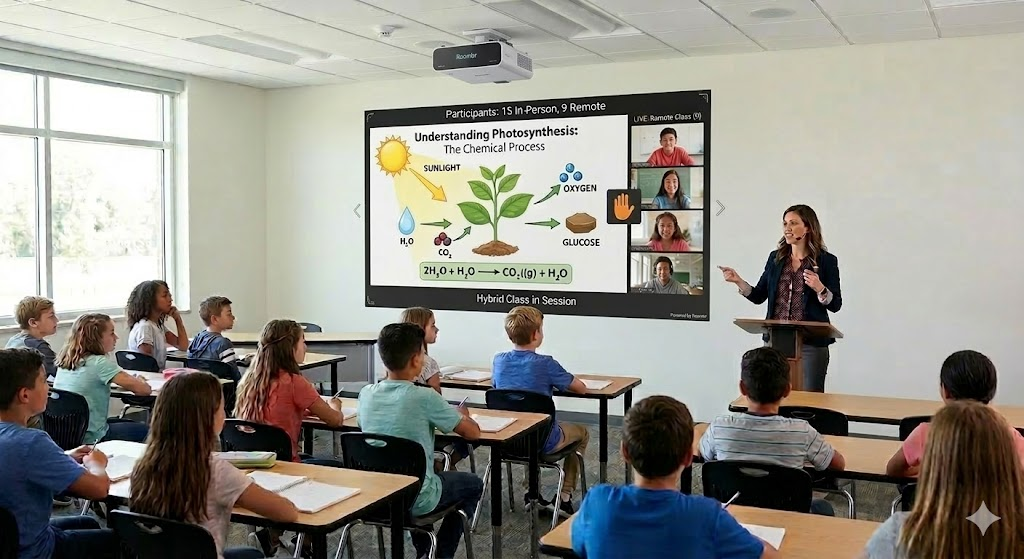 Students learn photosynthesis with a teacher and remote classmates in a hybrid classroom