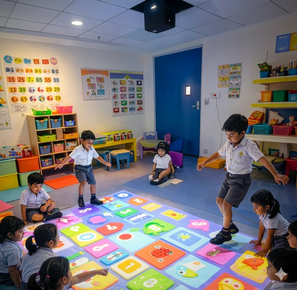 Active Floor interactive projector for pre-schools with movement-based learning games.