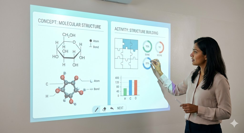 Indian teacher using interactive wall projection for blended learning in a smart class.