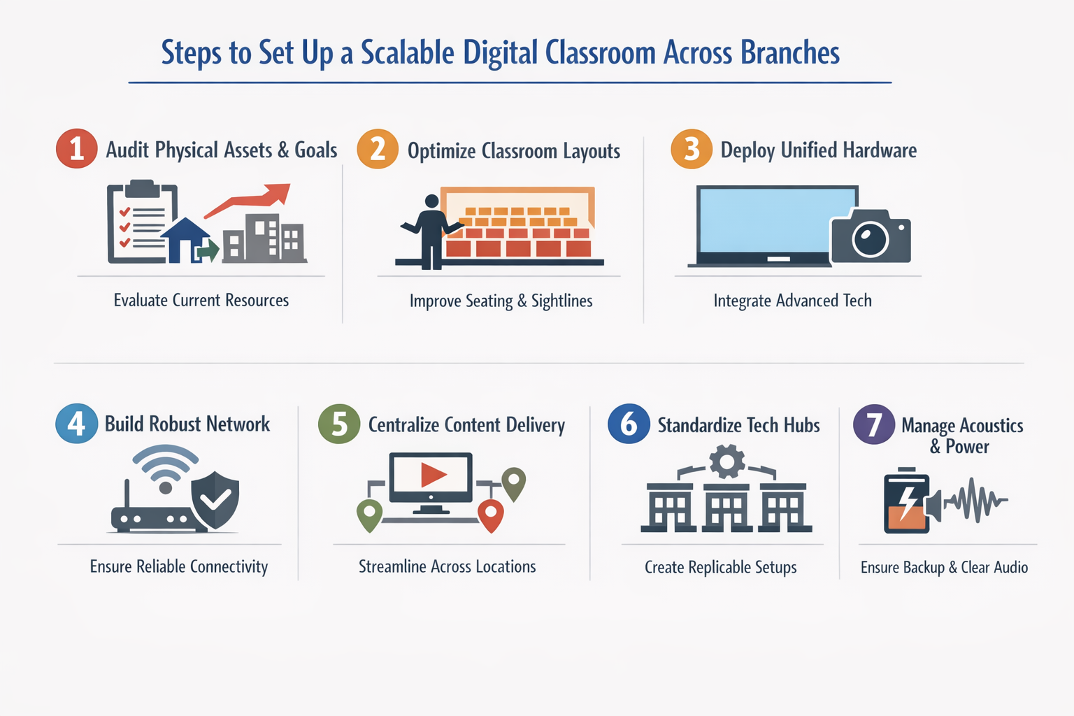 Infographic showing 7 steps to build a scalable digital classroom across branches