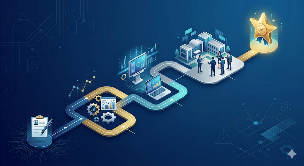 Isometric roadmap illustration of the NBA accreditation process for engineering colleges.