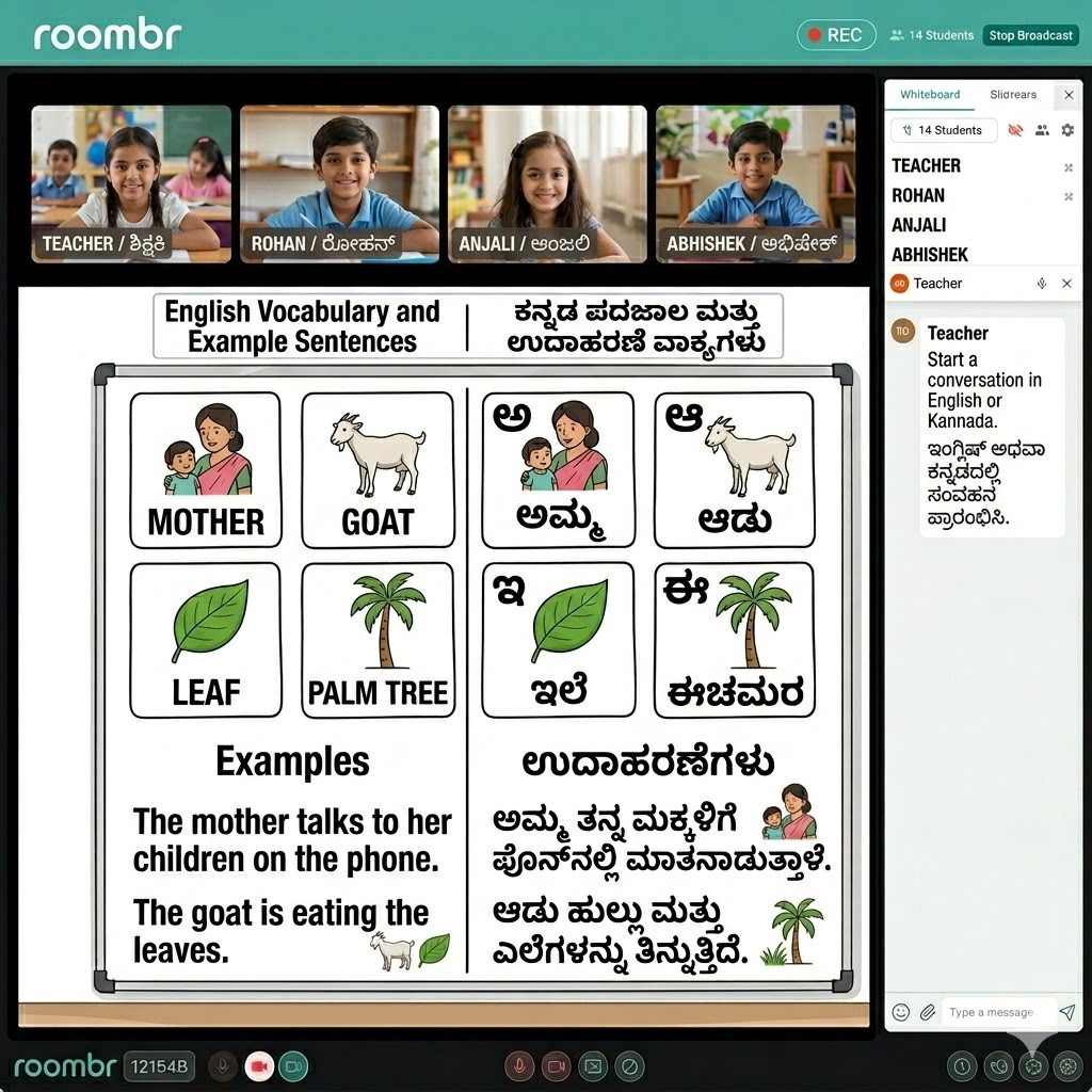 Roombr app interface showing a digital classroom lesson with a dual-language display in English and Kannada