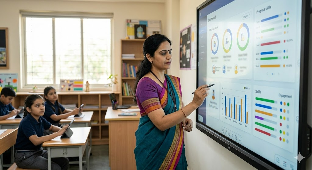 Teacher using interactive display for student progress tracking in a modern digital classroom.